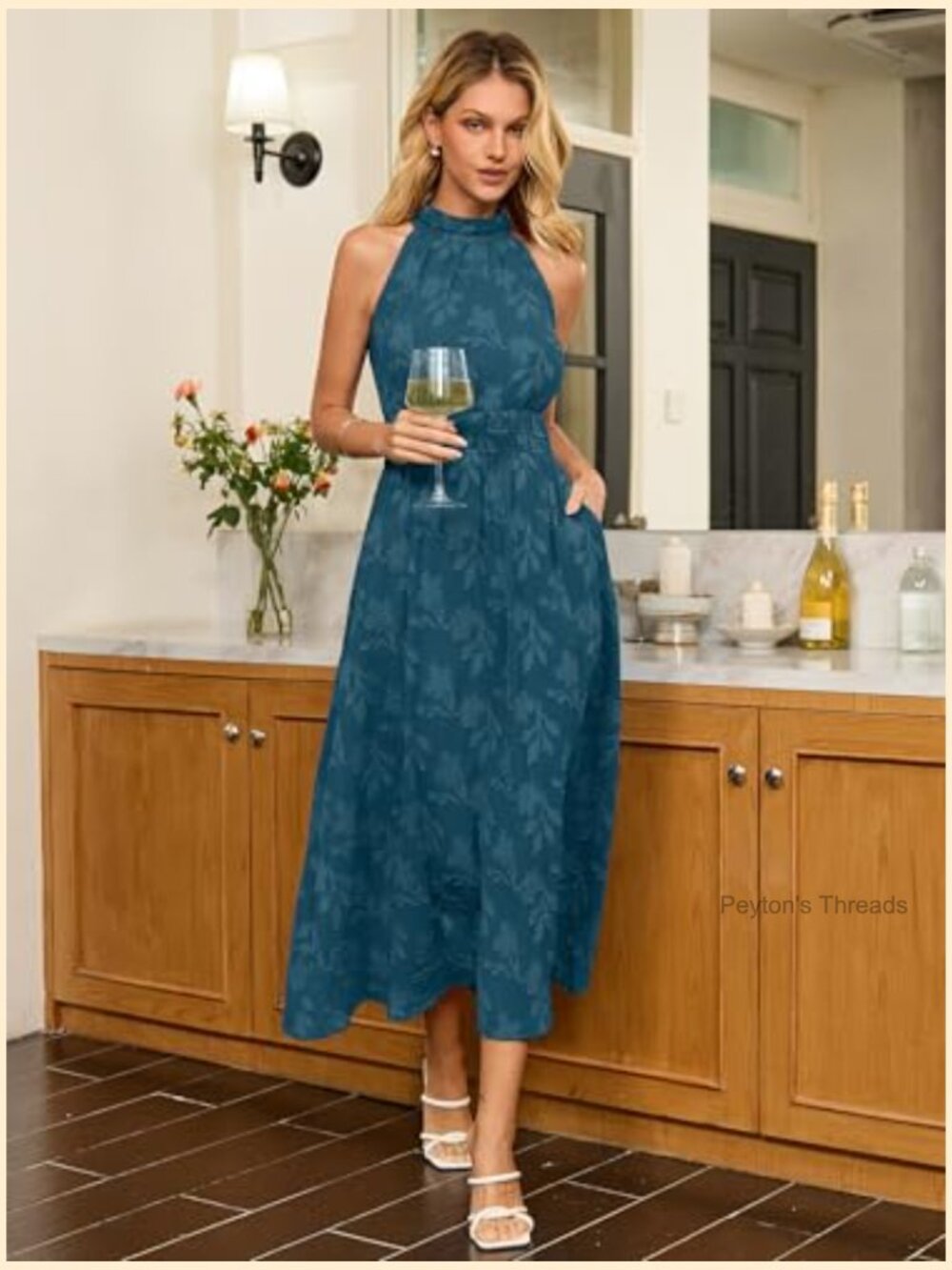 Burnout Floral Halter Maxi Dress with Pockets - Picture 2 of 7